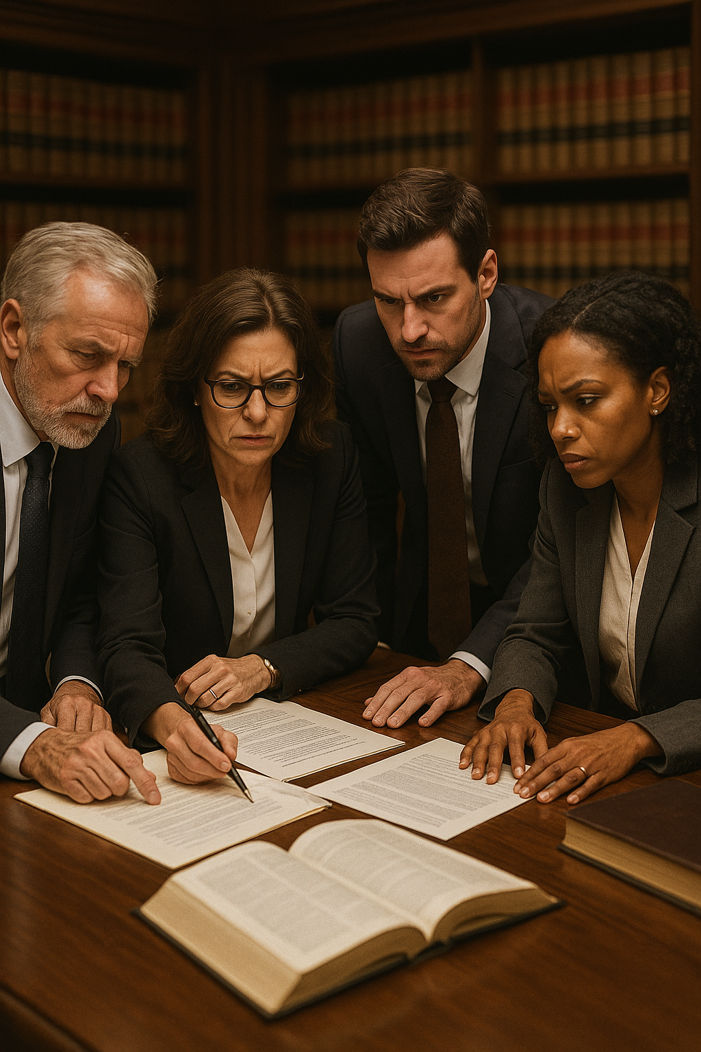 a portrait image depicting law firm partners in an intense planning session